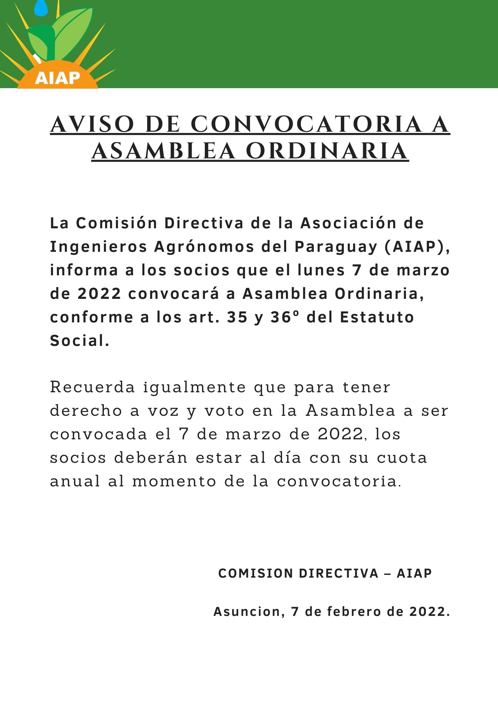 Noticias Aviso de Convocatoria Asamblea Ordinaria